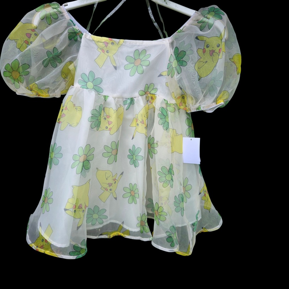 NWT Pikachu Pokemon Girls Organza Puff Sleeve Floral Dress - Sz XL 14